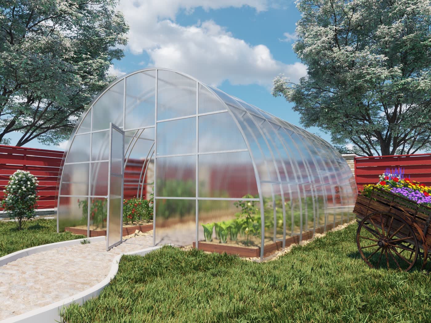 Готовая арочная теплица из сотового поликарбоната на дачном участке под Омском